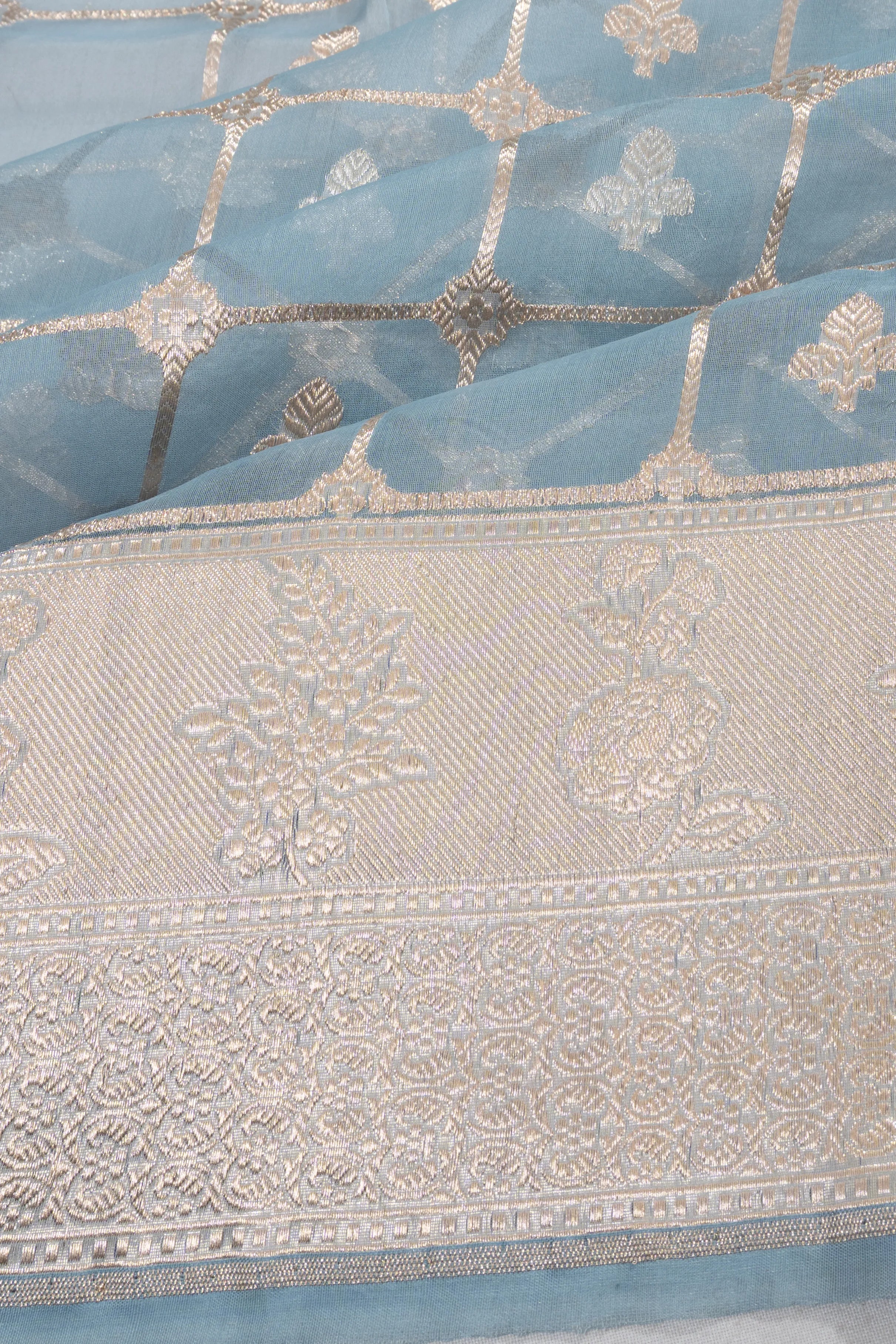 Banarasi Kora Organza Checks And Butta Light Blue Saree