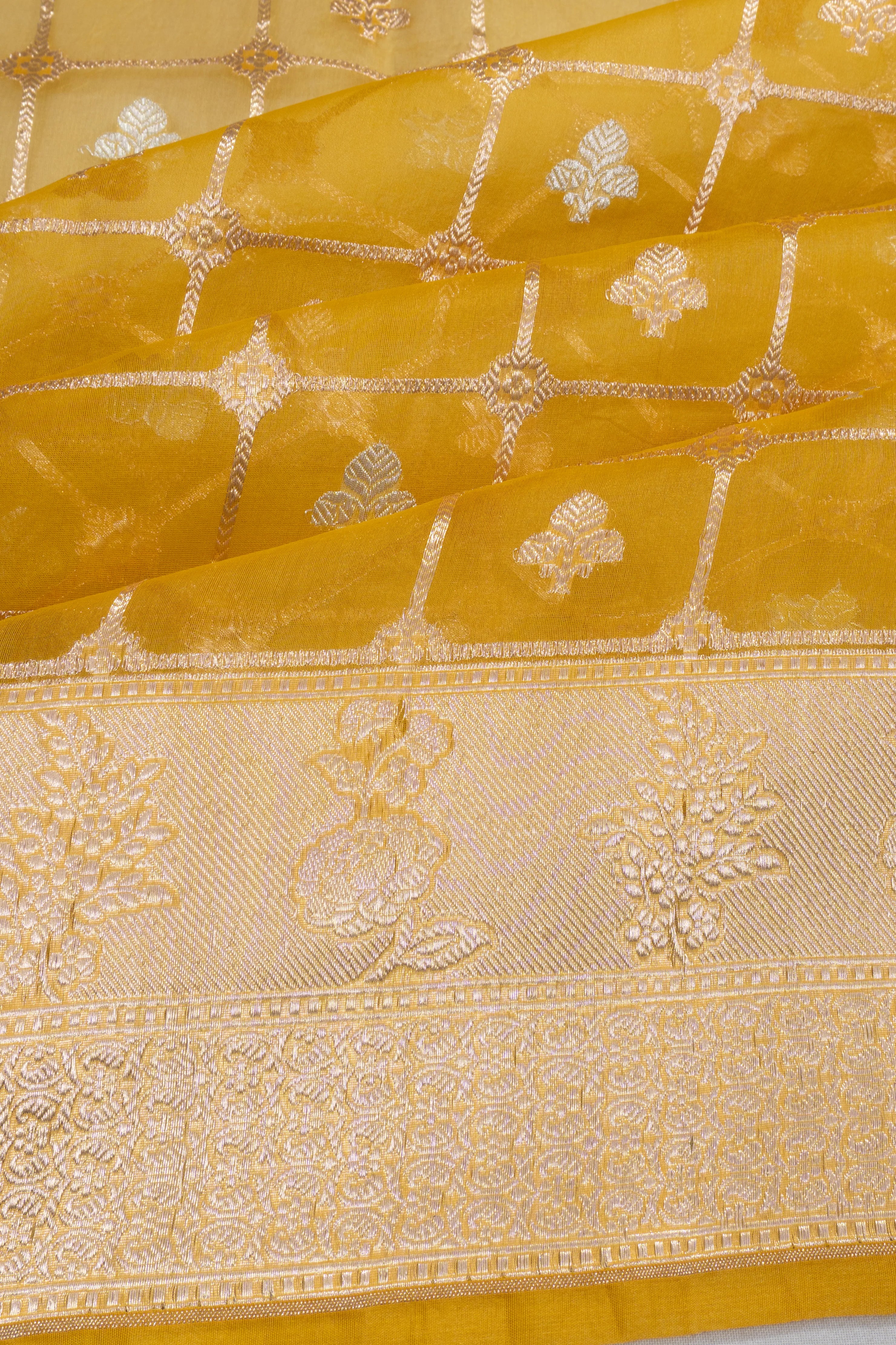 Banarasi Kora Organza Checks And Butta YellowSaree