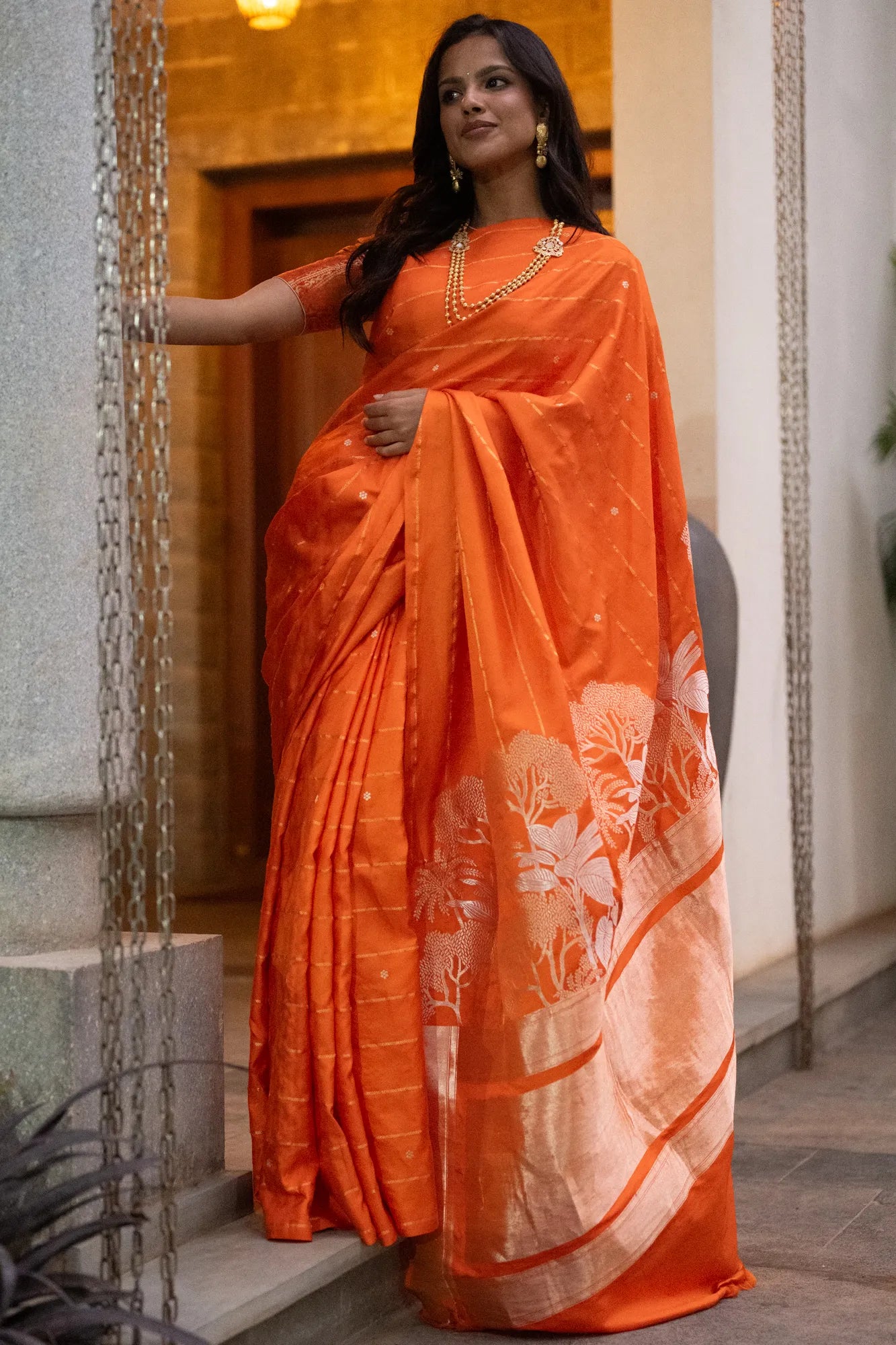 Banarasi Silk Lines And Butta Orange Saree