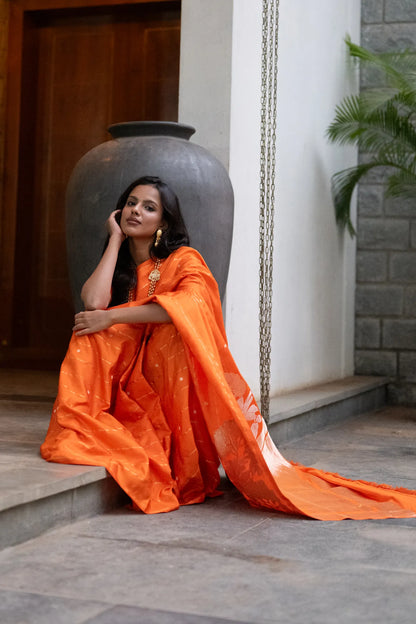 Banarasi Silk Lines And Butta Orange Saree