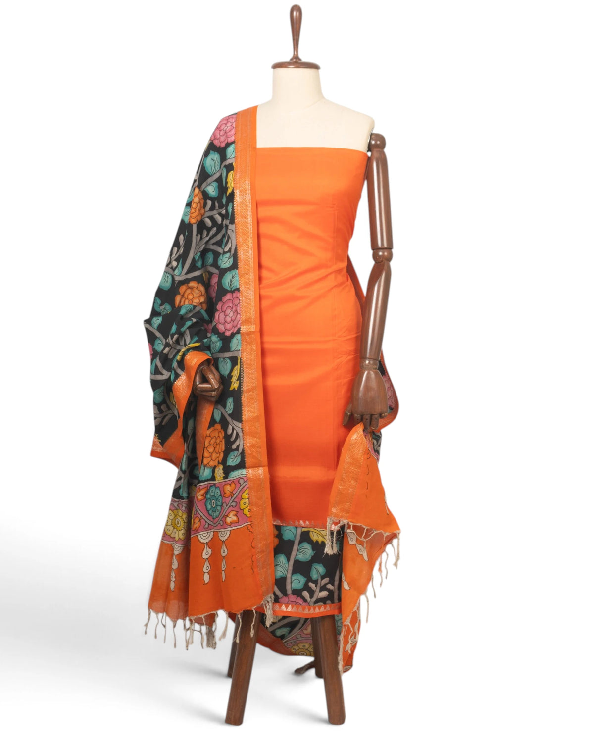Kalamkari Silk Plain Orange Salwar Suit Set Set W/O Bottom