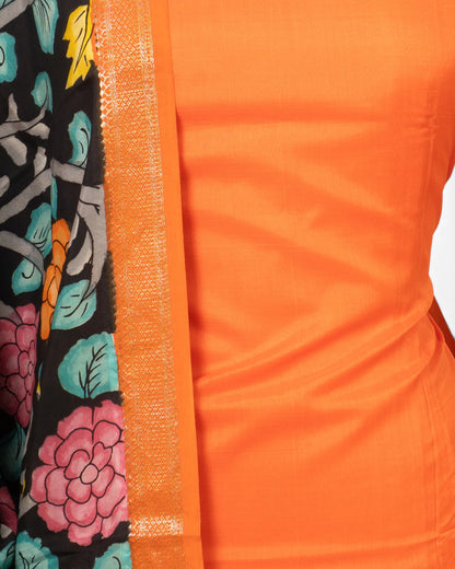 Kalamkari Silk Plain Orange Salwar Suit Set Set W/O Bottom