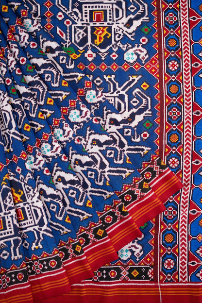 Patan Patola Silk Double Ikat Chhabdi Hathi Blue Saree