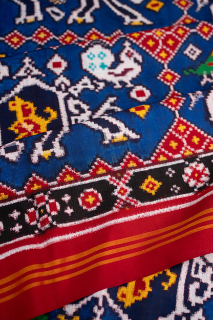 Patan Patola Silk Double Ikat Chhabdi Hathi Blue Saree