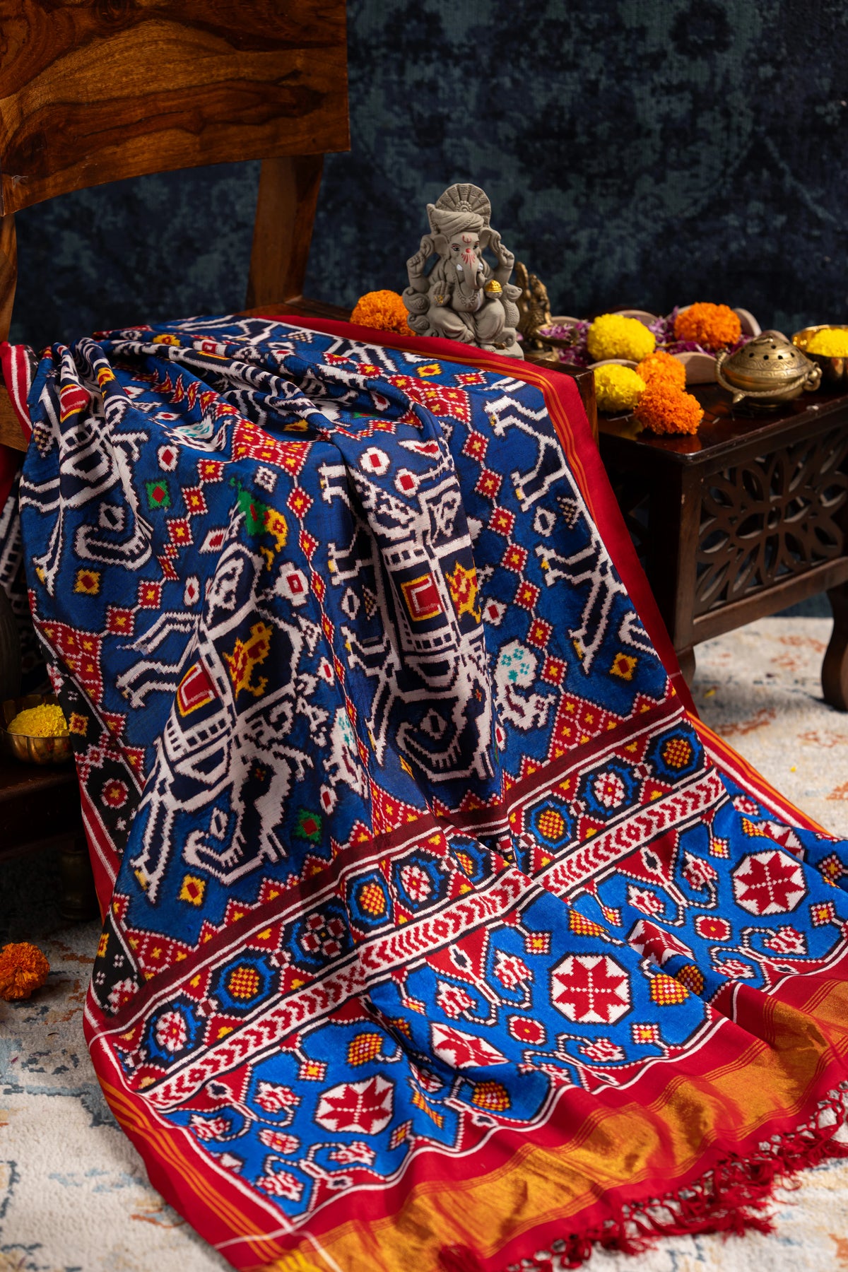 Patan Patola Silk Double Ikat Chhabdi Hathi Blue Saree
