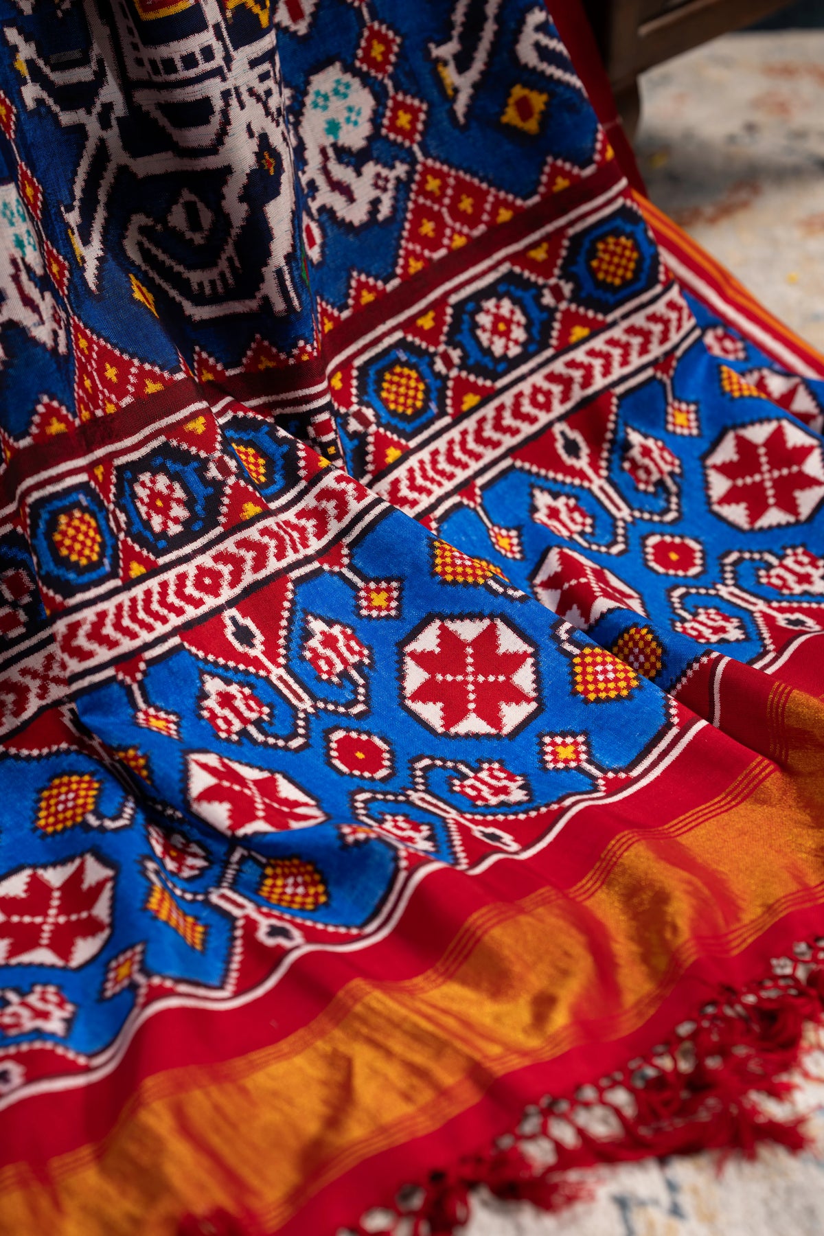 Patan Patola Silk Double Ikat Chhabdi Hathi Blue Saree