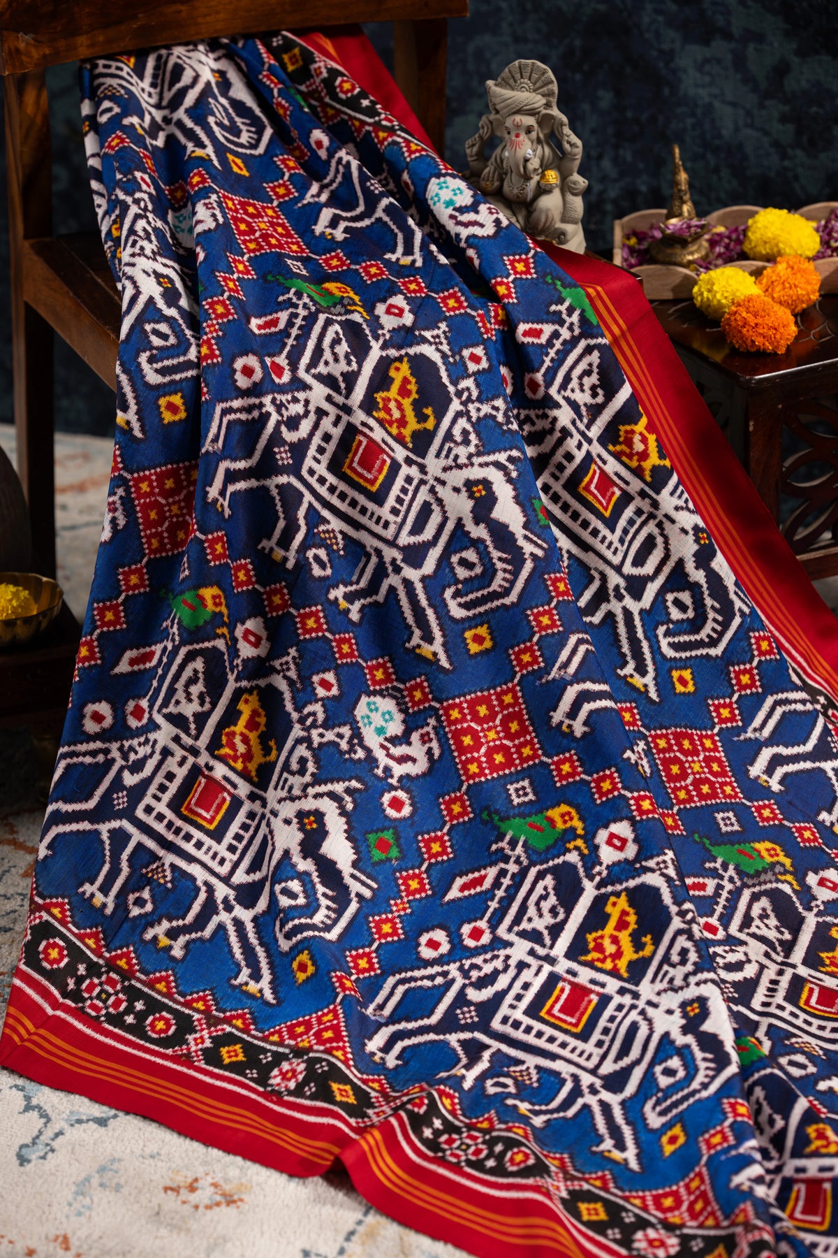Patan Patola Silk Double Ikat Chhabdi Hathi Blue Saree