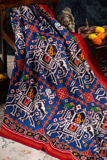 Patan Patola Silk Double Ikat Chhabdi Hathi Blue Saree