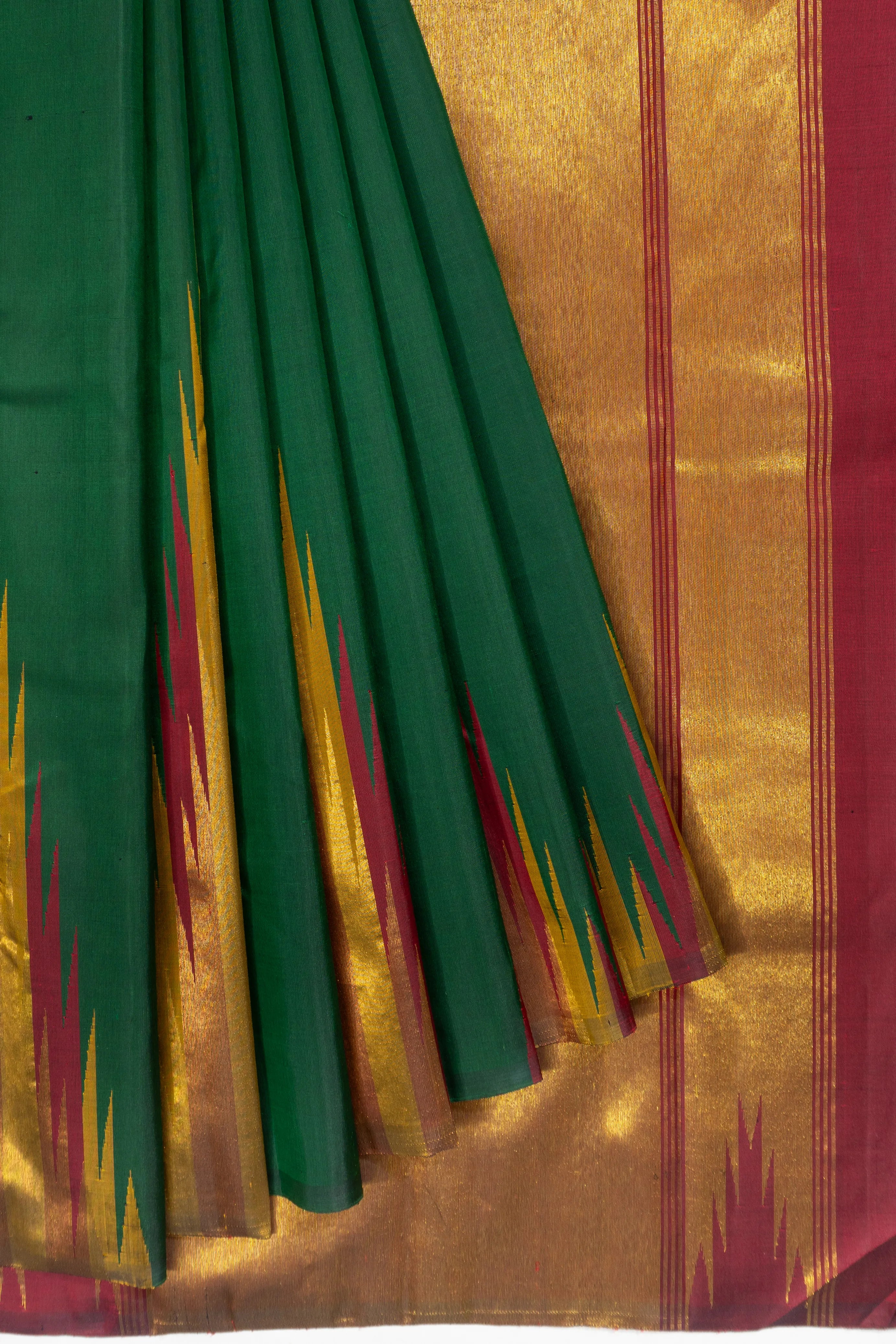 Classic Kanchipuram Silk Plain Green Saree With Temple Border