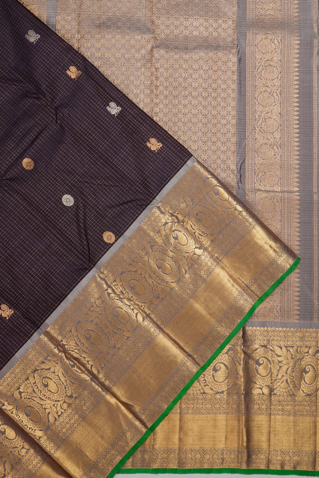 Classic Kanchipuram Silk Checks And Butta Brown Saree