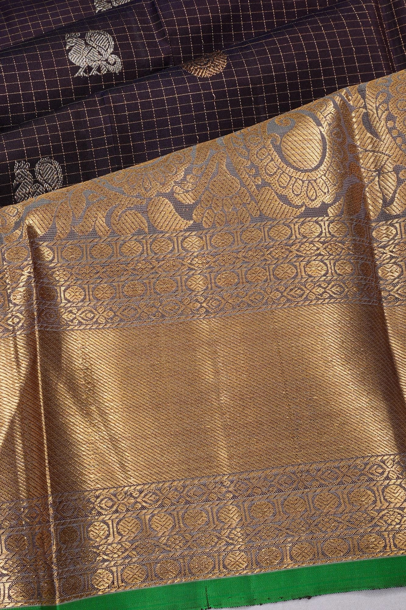 Classic Kanchipuram Silk Checks And Butta Brown Saree