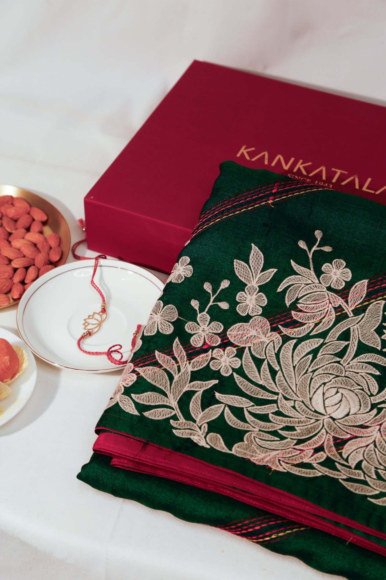 Tussar Thread Lines And Floral Embroidery Bottle Green Saree With Gift Box And Rakhi