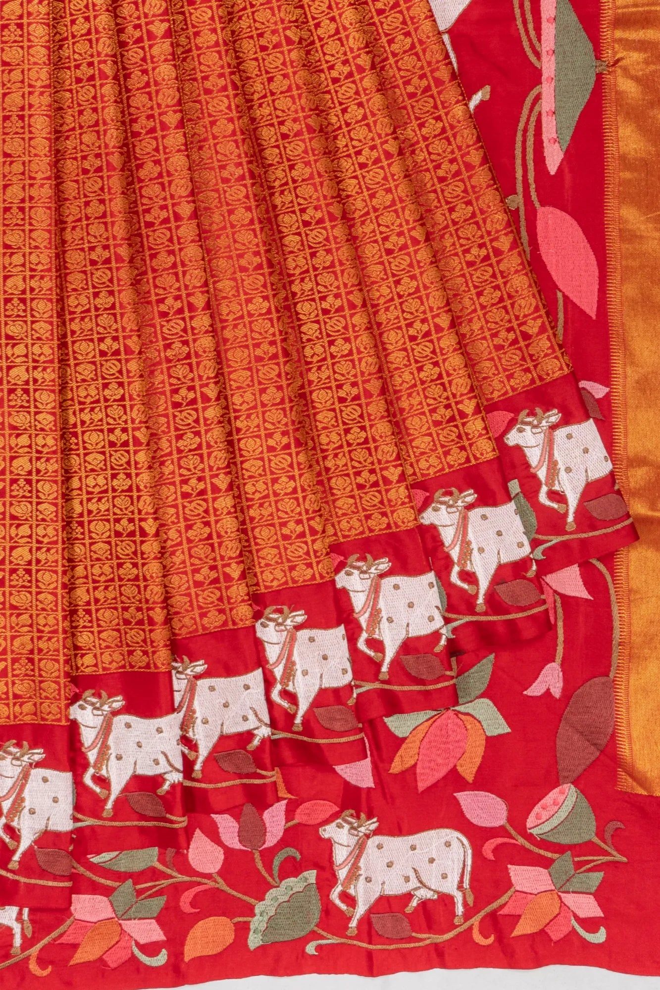 Kanchipuram Silk Checks And Butta Red Saree With Pichwai Embroidery Border