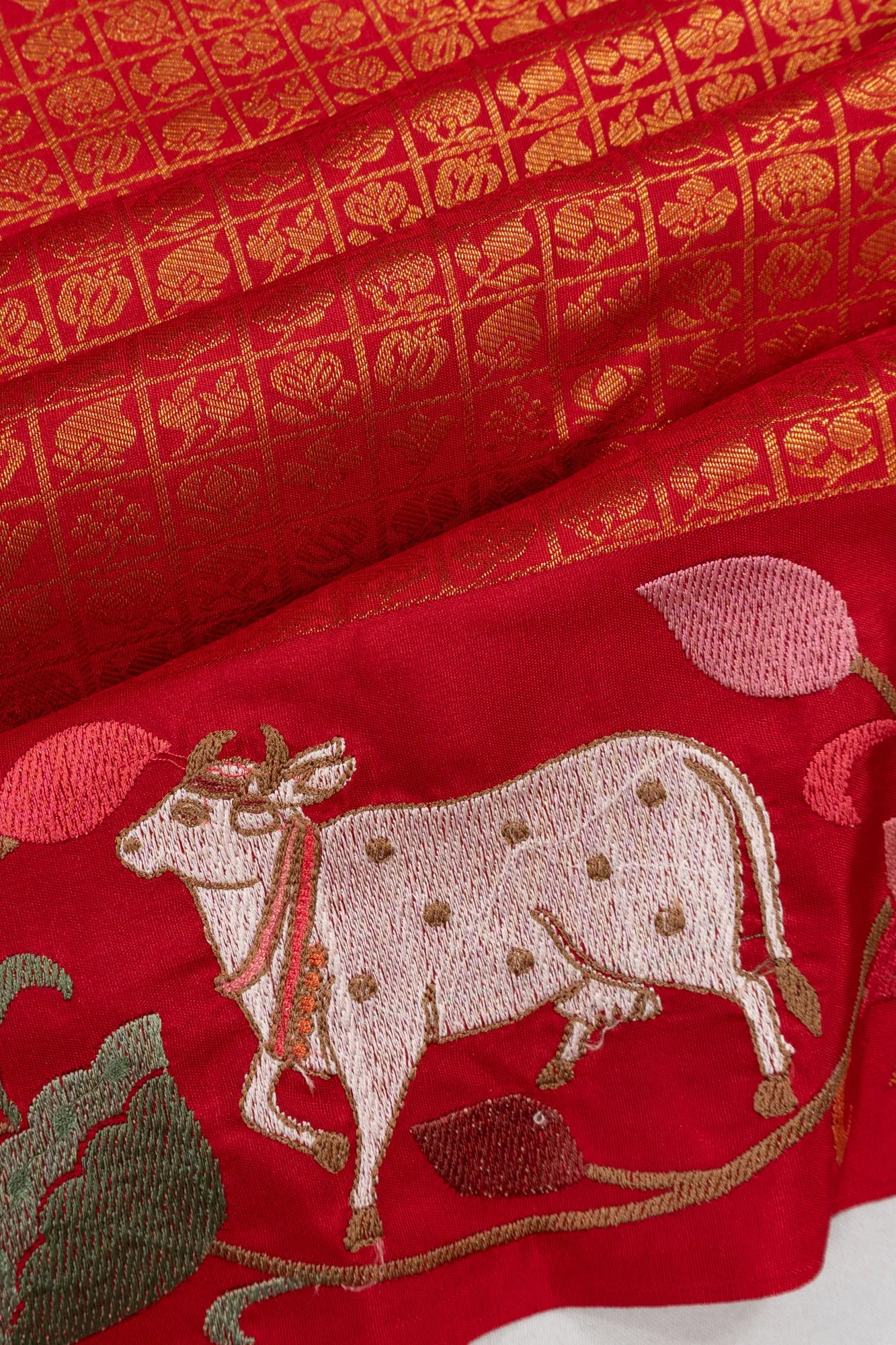 Kanchipuram Silk Checks And Butta Red Saree With Pichwai Embroidery Border