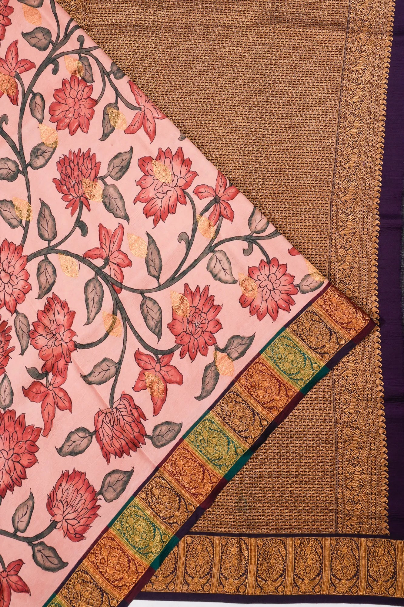 Kanchipuram Silk Kalamkari Hand Painted Butta Pink Saree