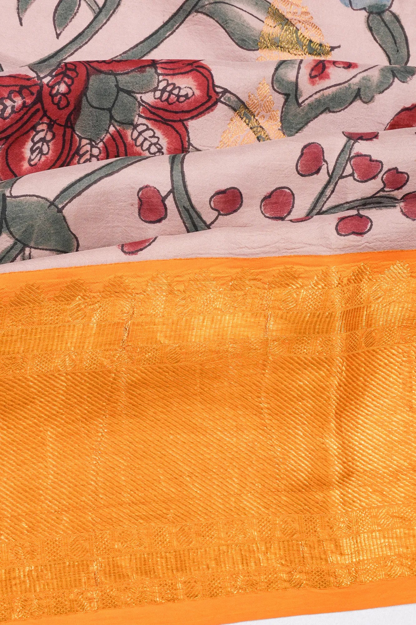 Kanchipuram Silk Kalamkari Hand Painted Butta Pink Saree
