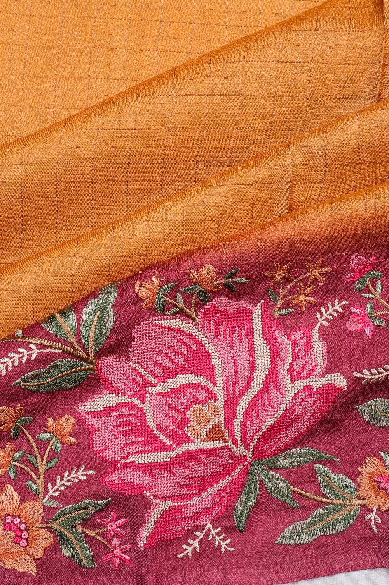 Soft Tussar Checks Brown Saree With Embroidery Border