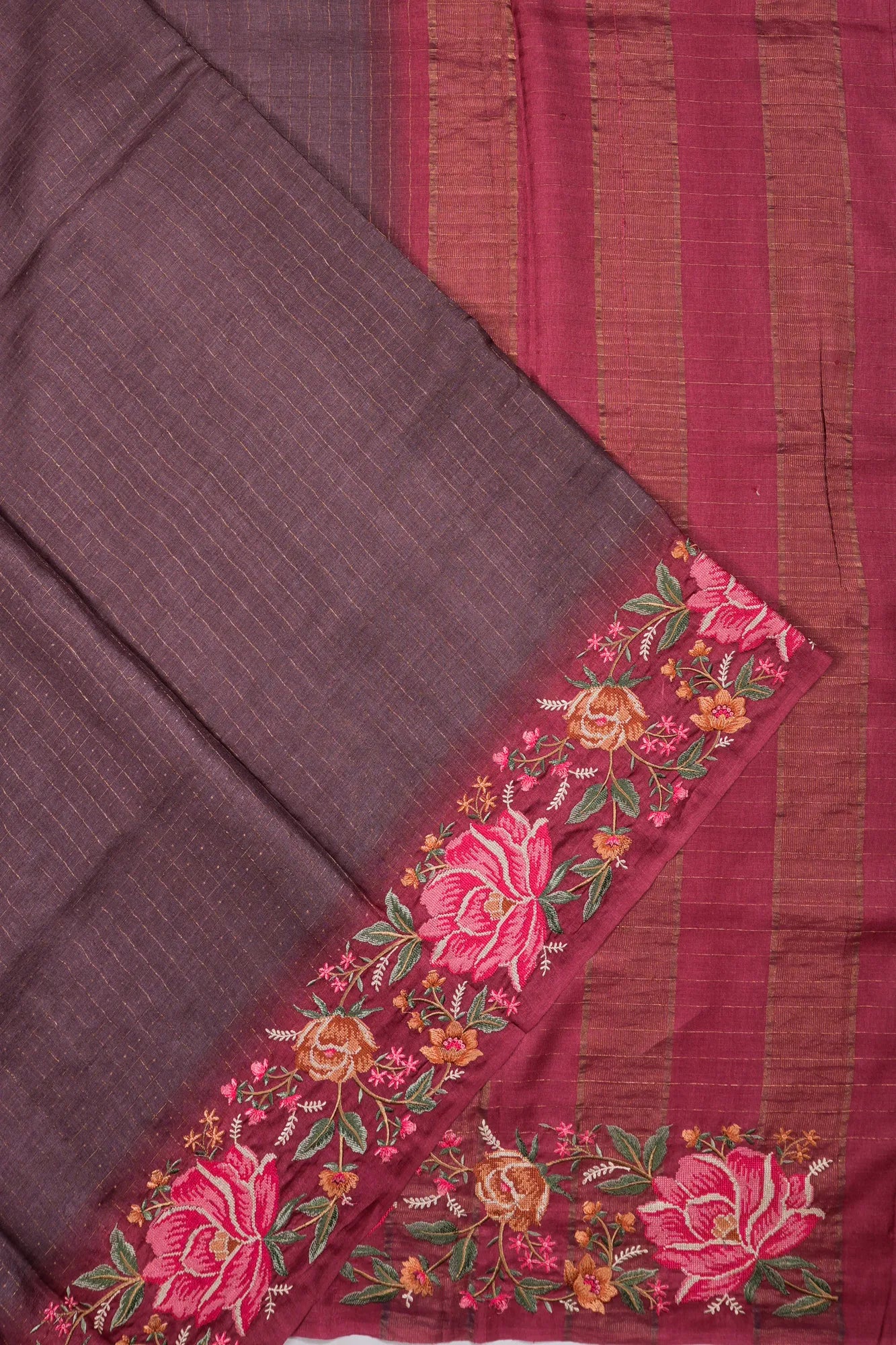 Soft Tussar Checks Purple Saree With Embroidery Border