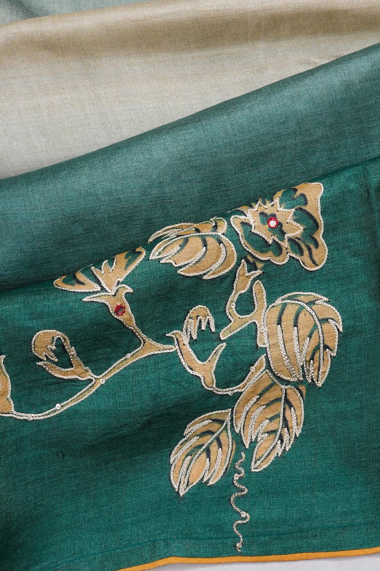 Soft Tussar Dual Tone Embroidery Green Saree