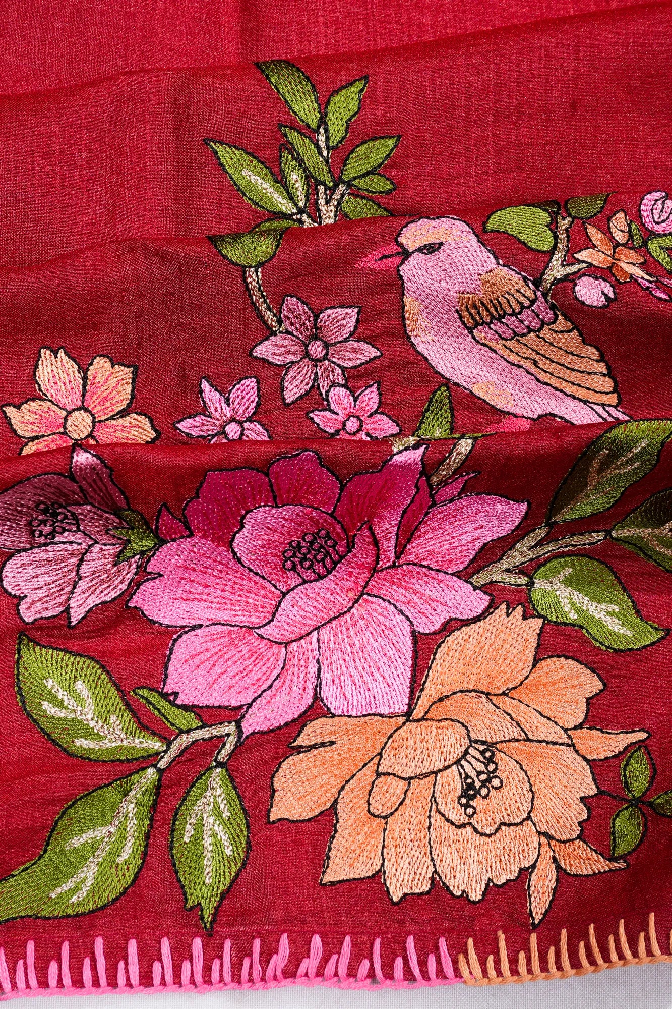 Soft Tussar Embroidery Red Saree
