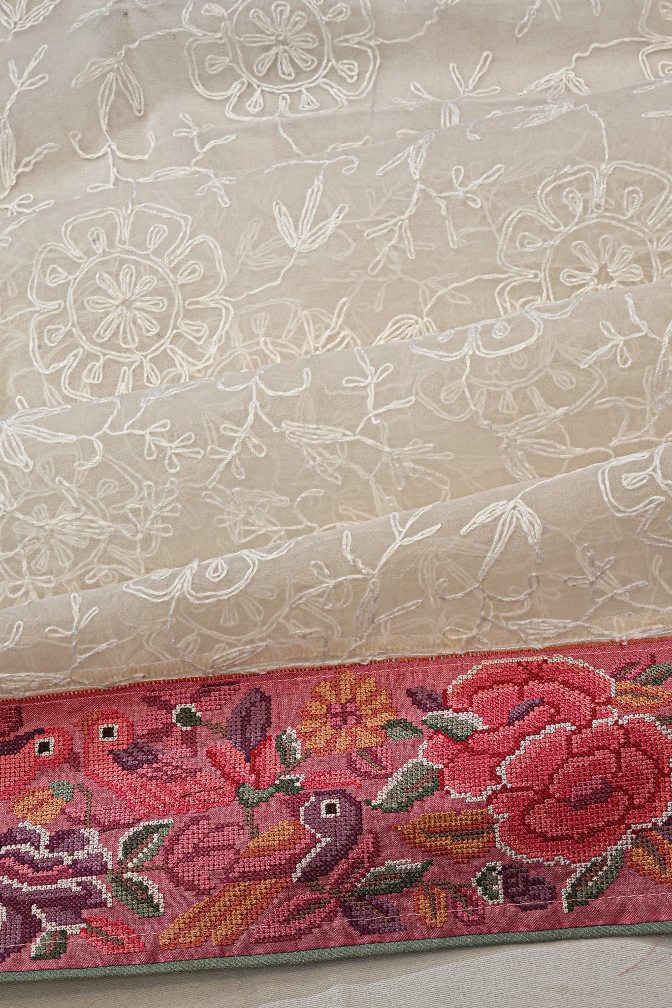 Organza Chikankari White Saree With Embroidery Border