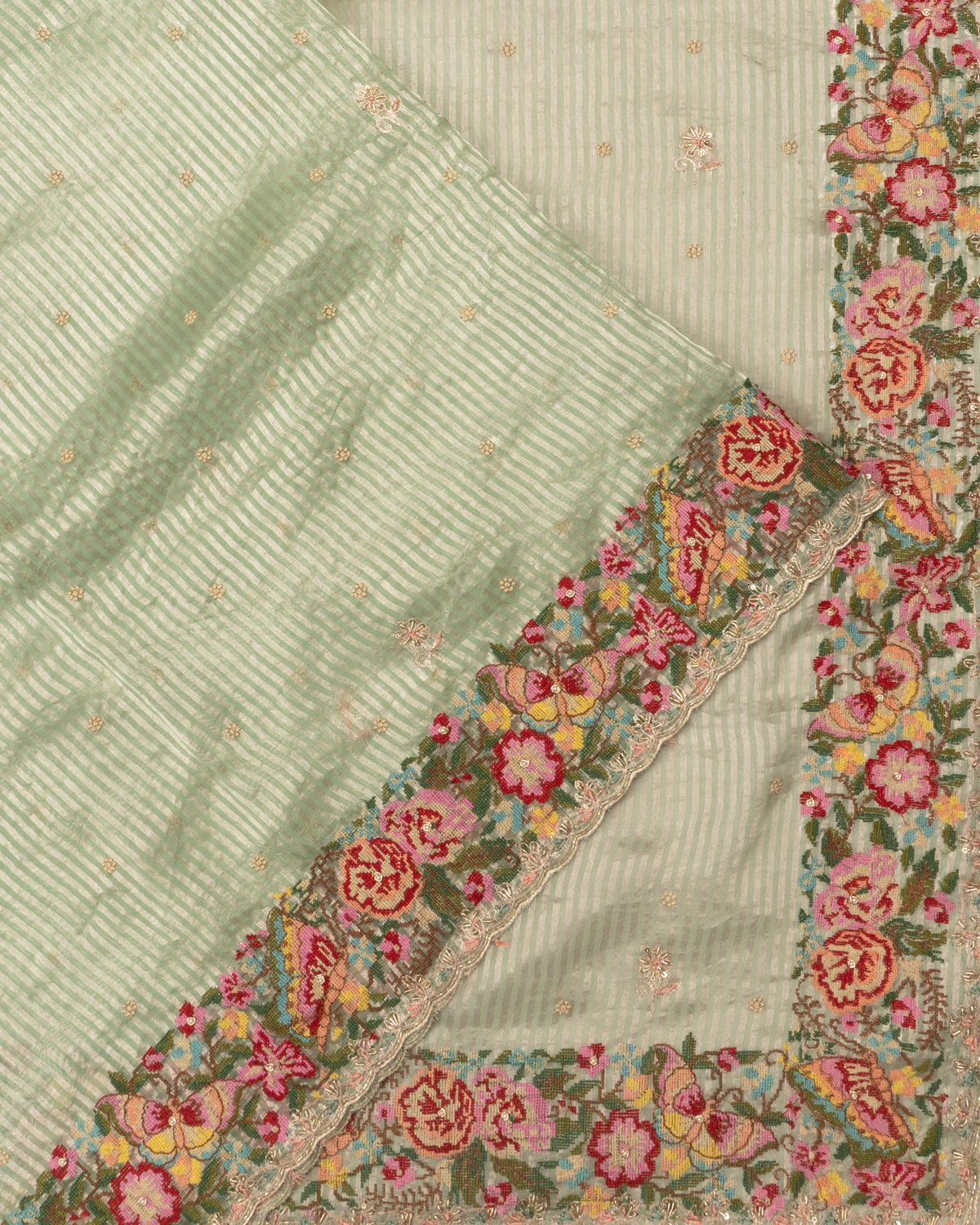 Organza Lines And Butta Green Saree With Embroidery Border