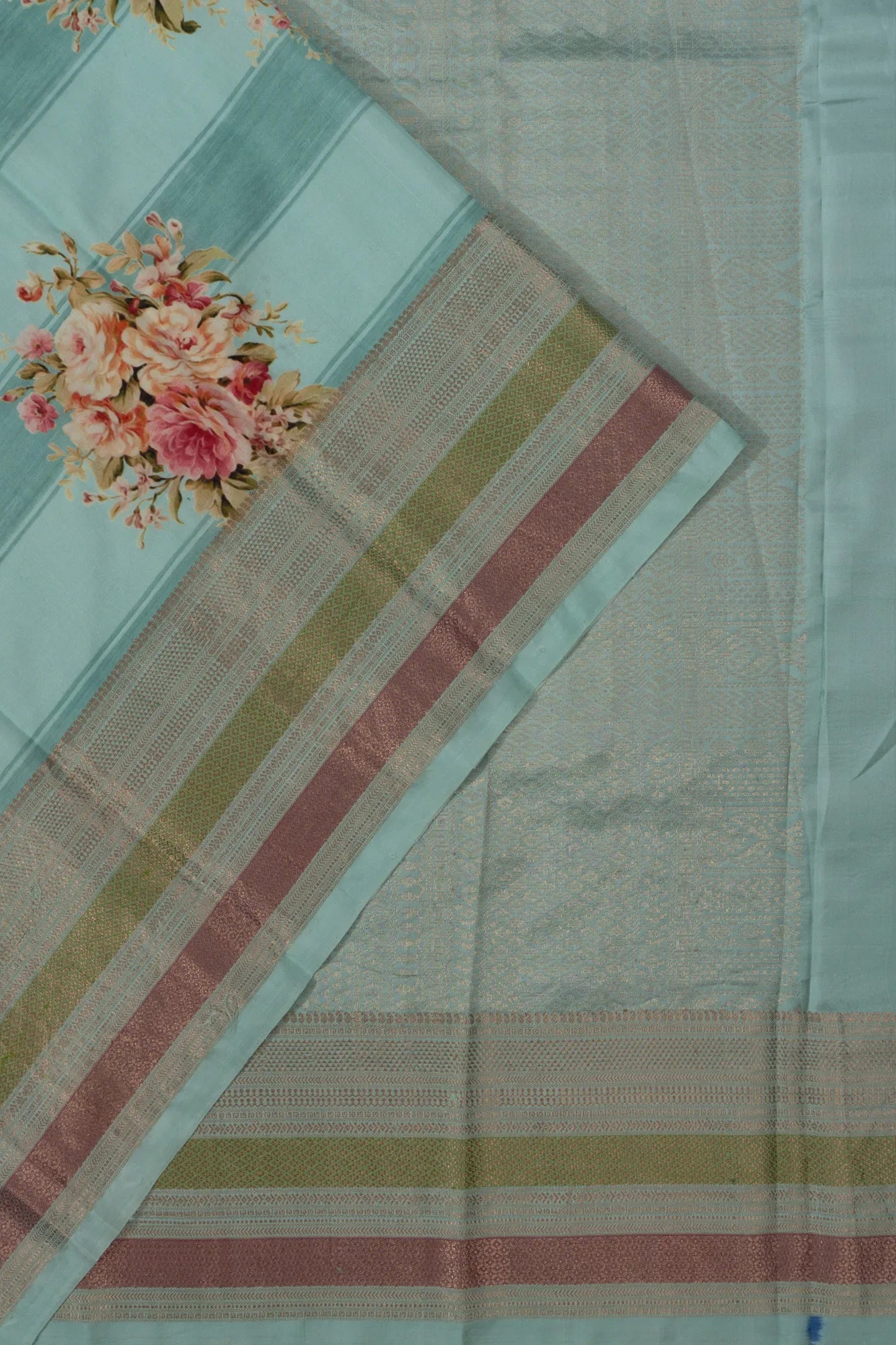 Taranga Kanchi Silk Floral Printed Sea Blue Satee