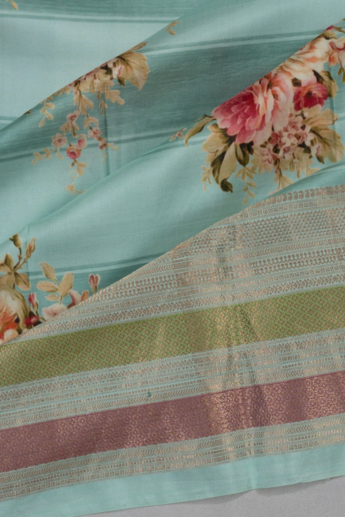 Taranga Kanchi Silk Floral Printed Sea Blue Satee