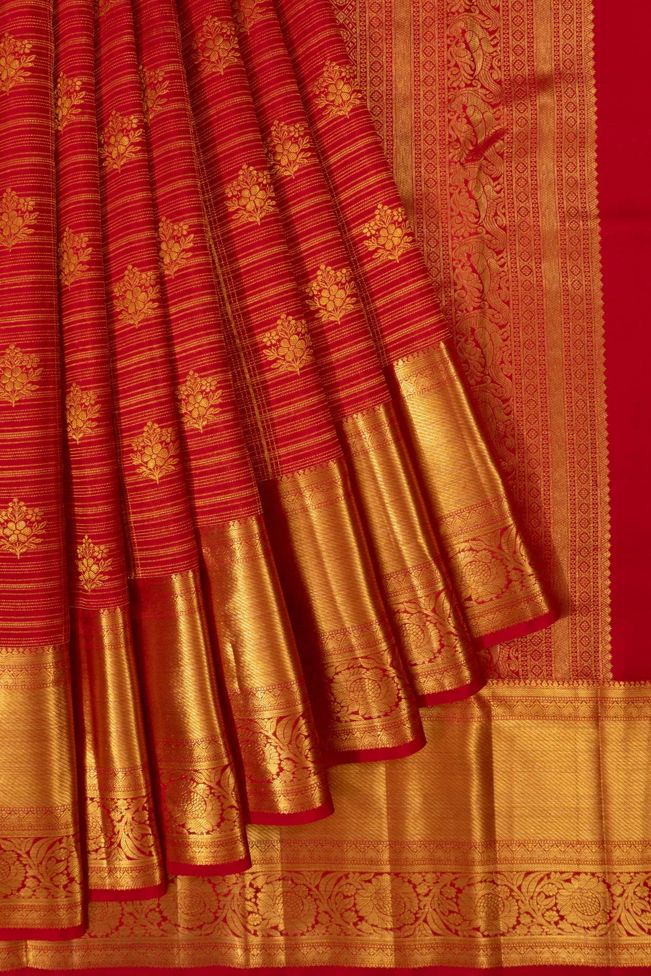 Taranga Kanchi Silk Floral Butta Lines Red Saree