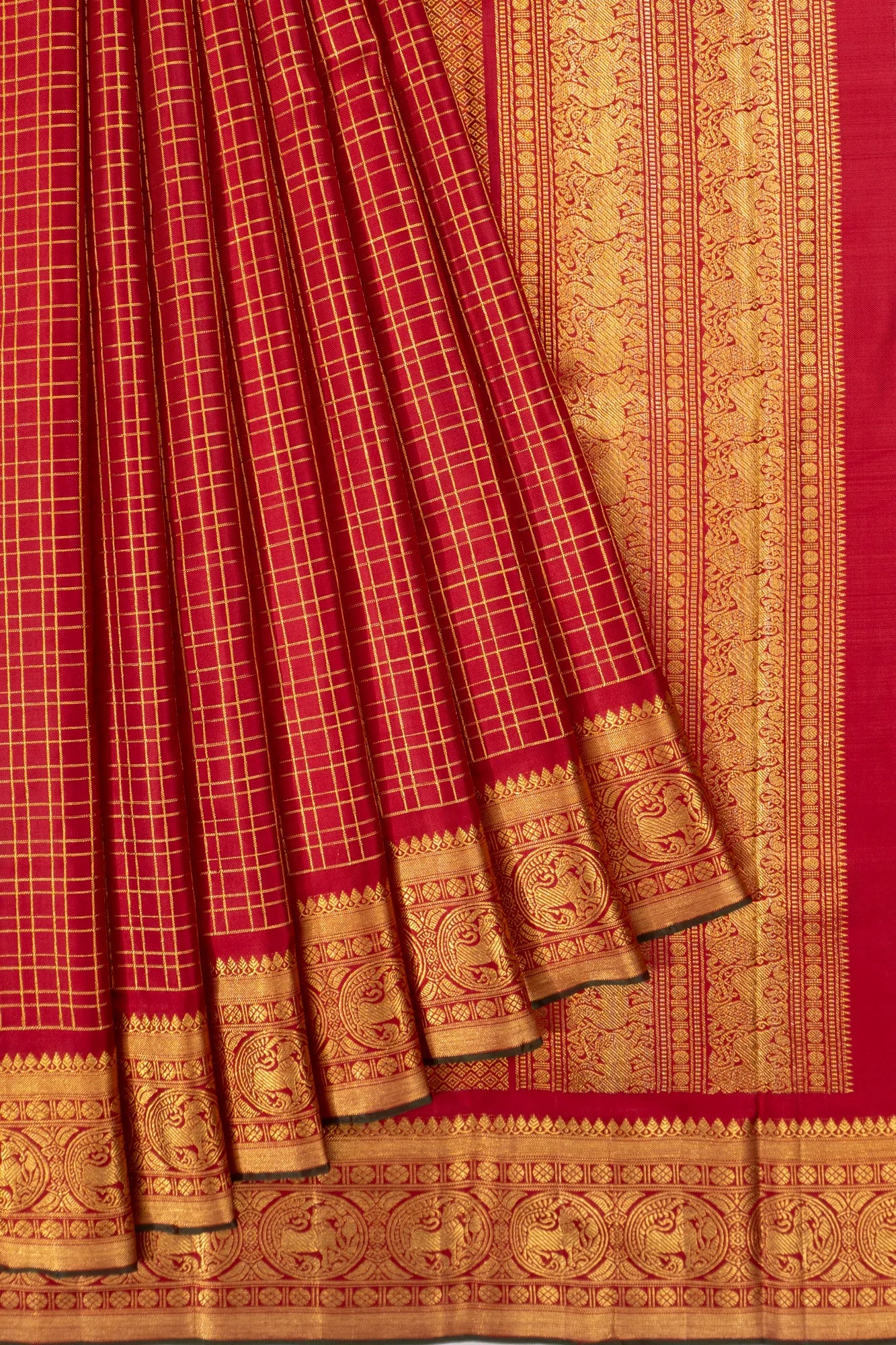 Kanchipuram Silk Twill Checks Red Saree
