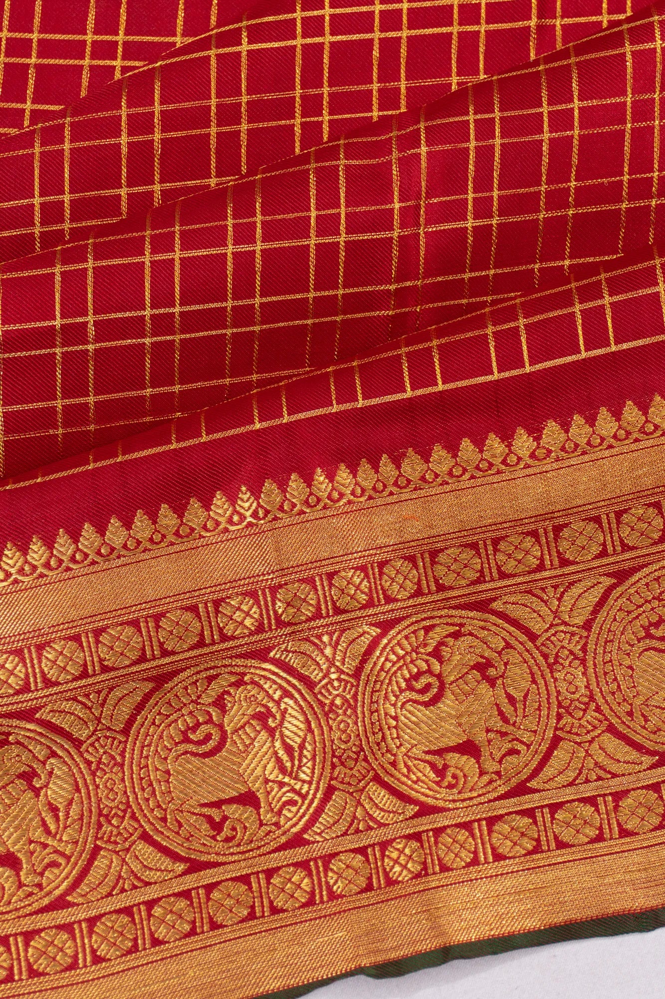 Kanchipuram Silk Twill Checks Red Saree
