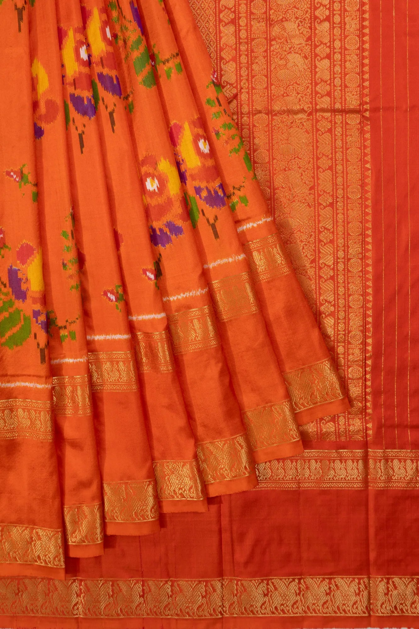 Kanchipuram Silk Ikat Orange Saree With Rettai Pettu Border