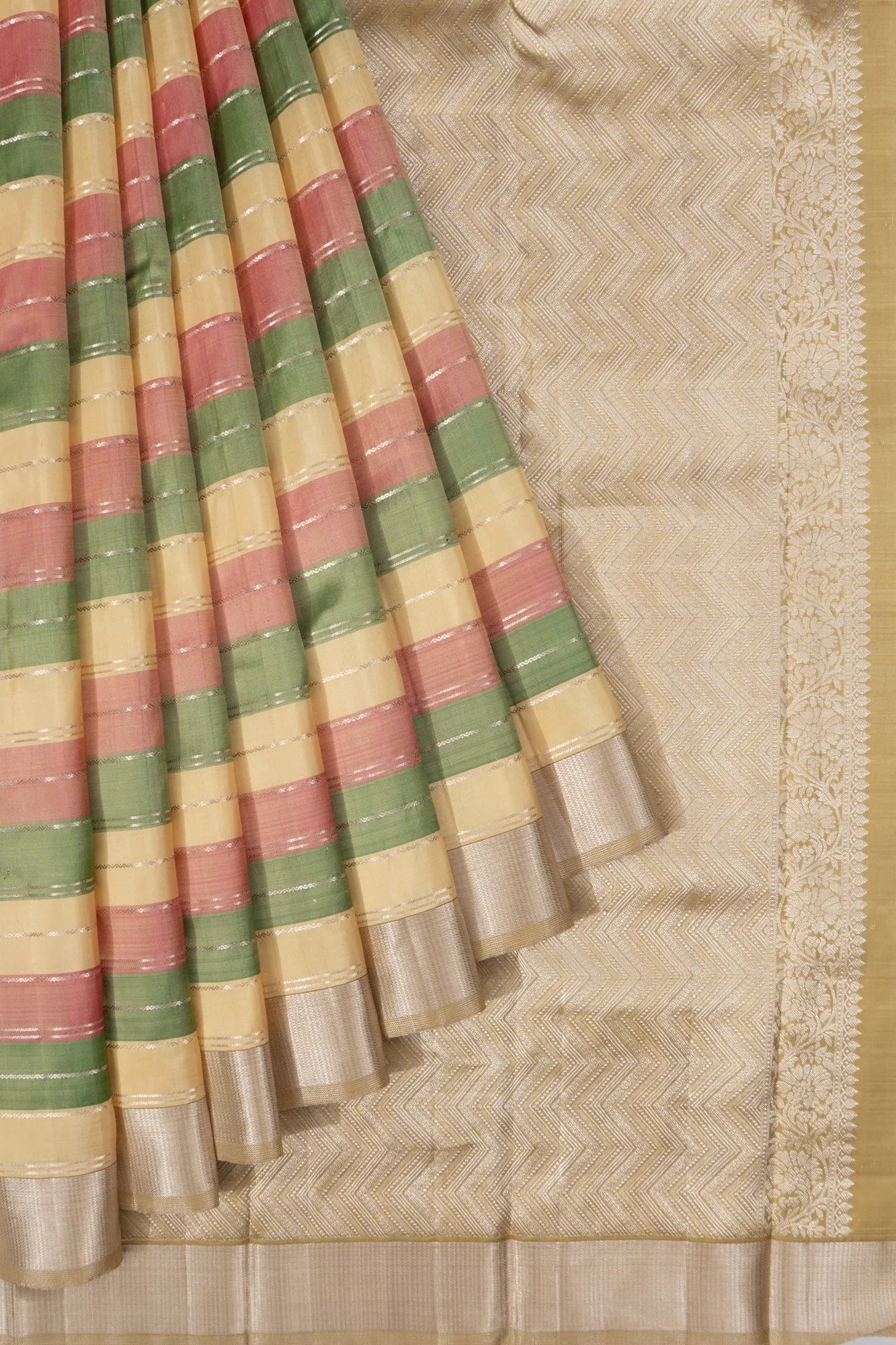 Classic Kanchipuram Silk Lines Cream Saree