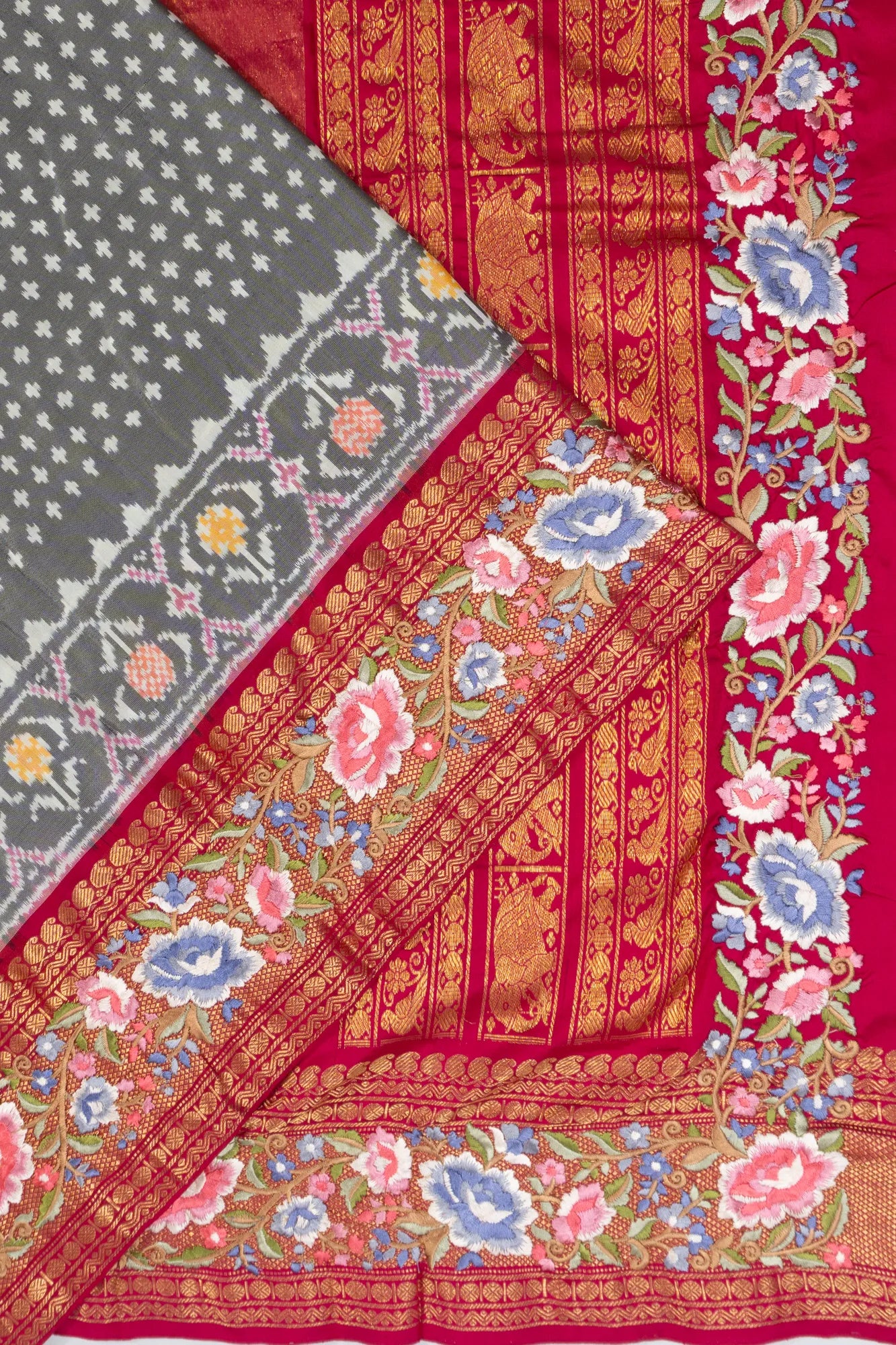 Kanchipuram Silk Ikat Grey Saree With Embroidery Border