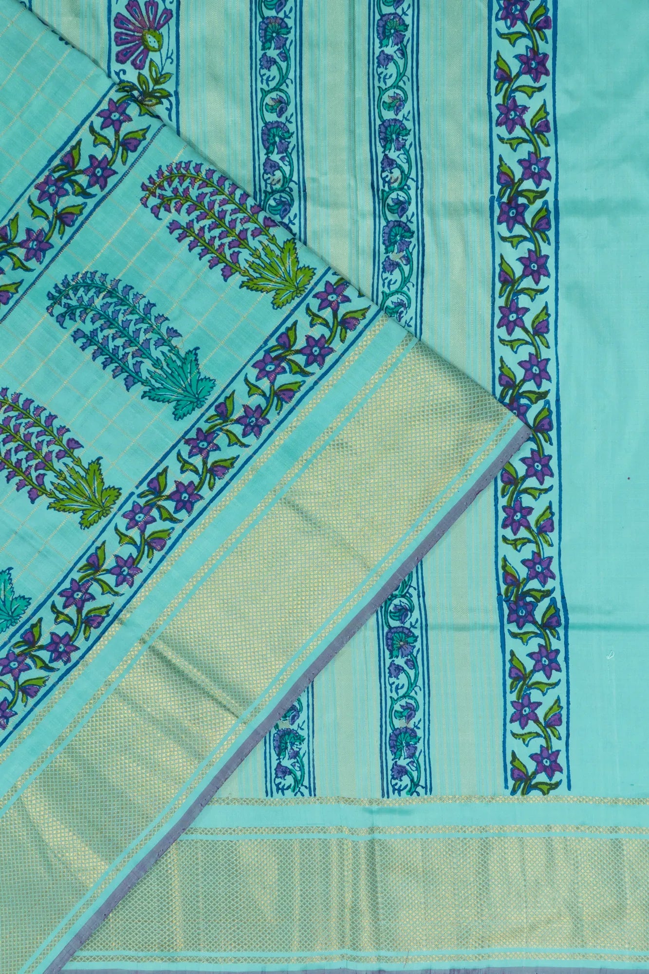 Kanchipuram Silk Checks And Kalamkari Hand Painted Sea Blue Saree
