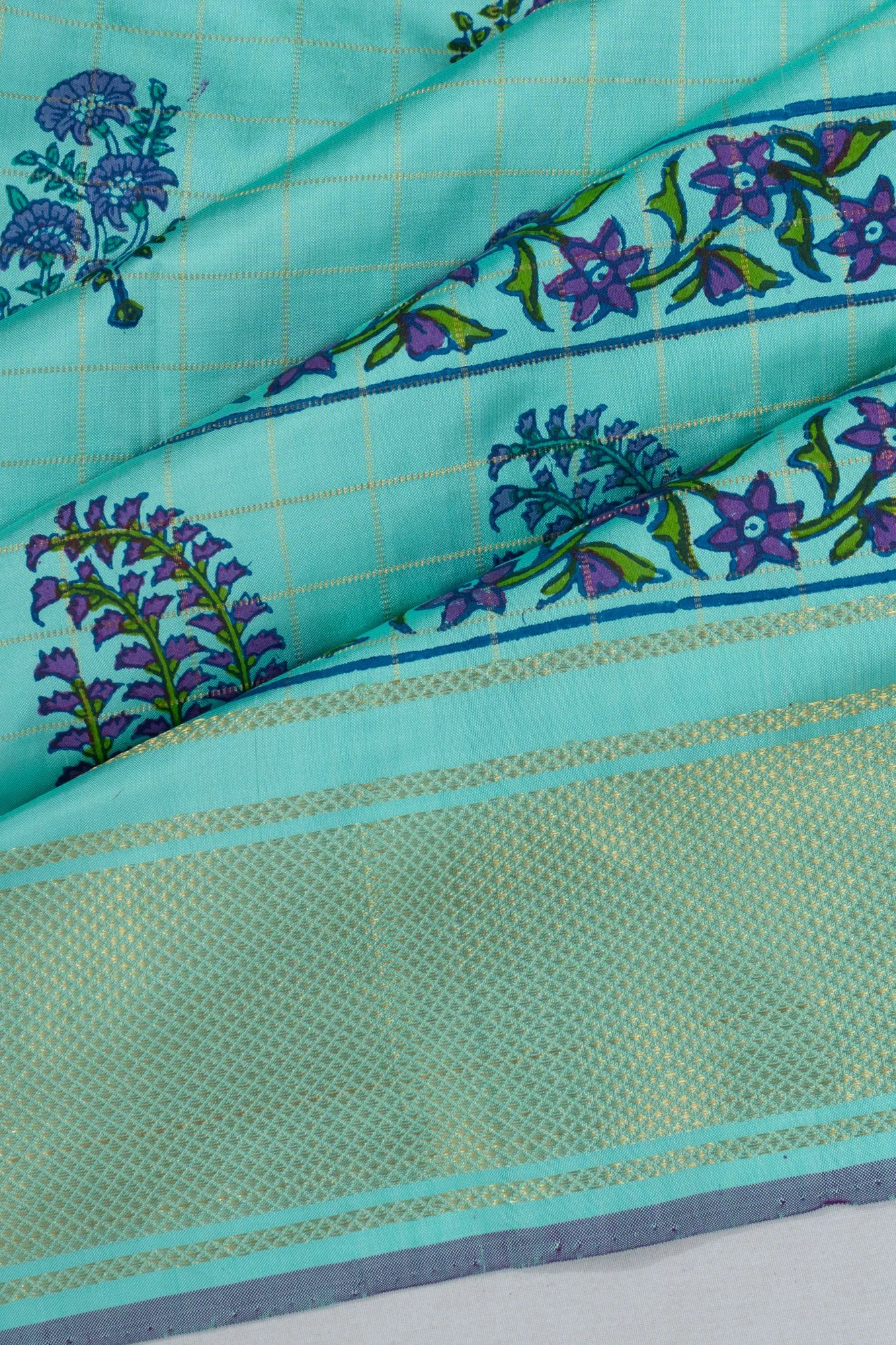 Kanchipuram Silk Checks And Kalamkari Hand Painted Sea Blue Saree