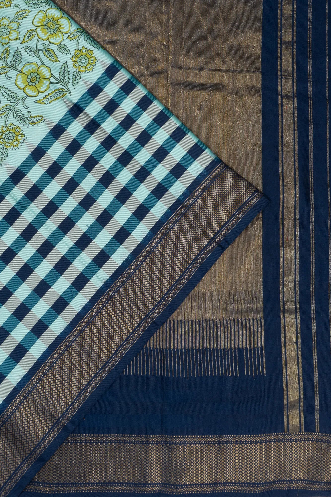 Kanchipuram Silk Twill Floral Printed Sea Blue Saree