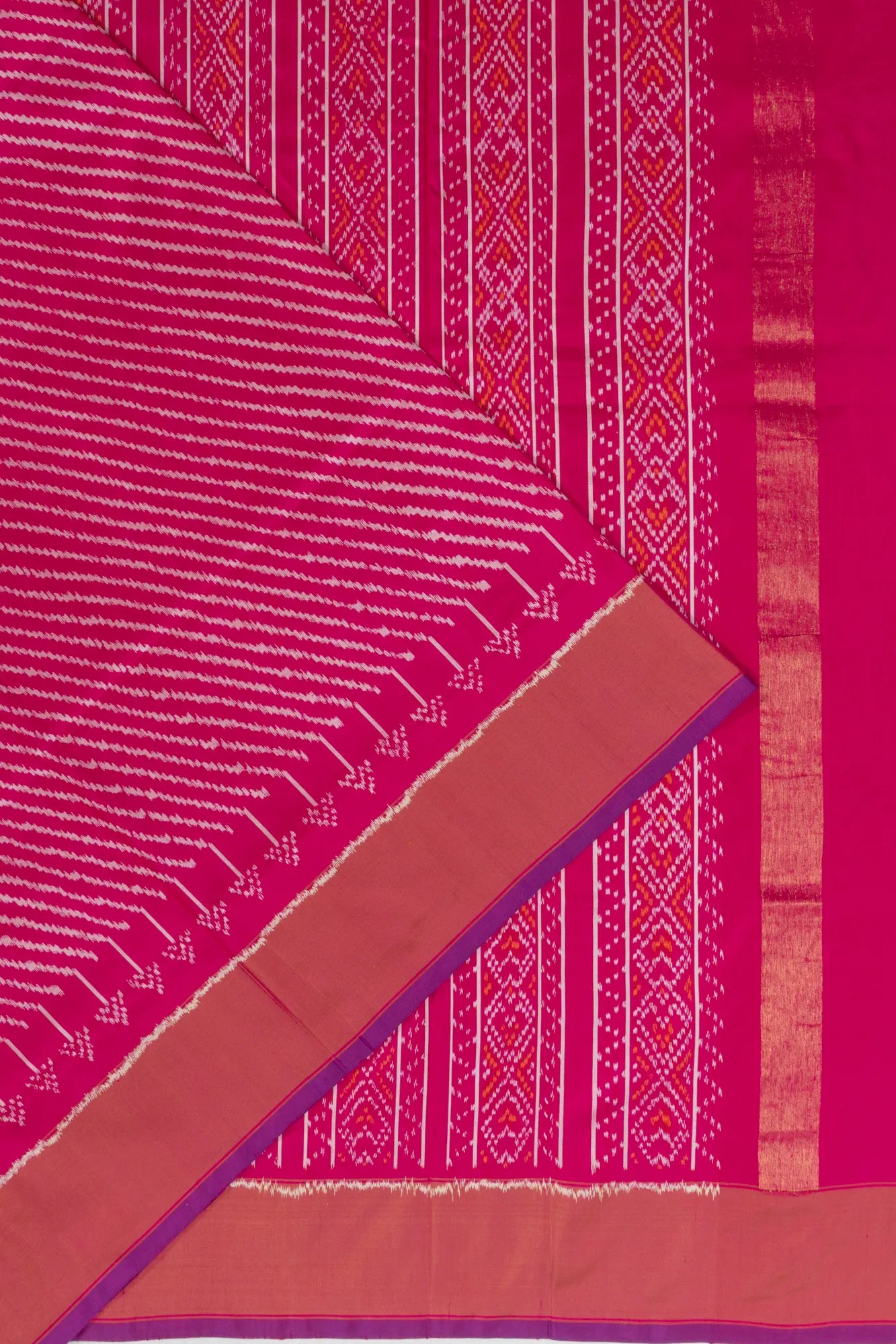 Pochampally Silk Ikat Diagonal Lines Rani Pink Saree