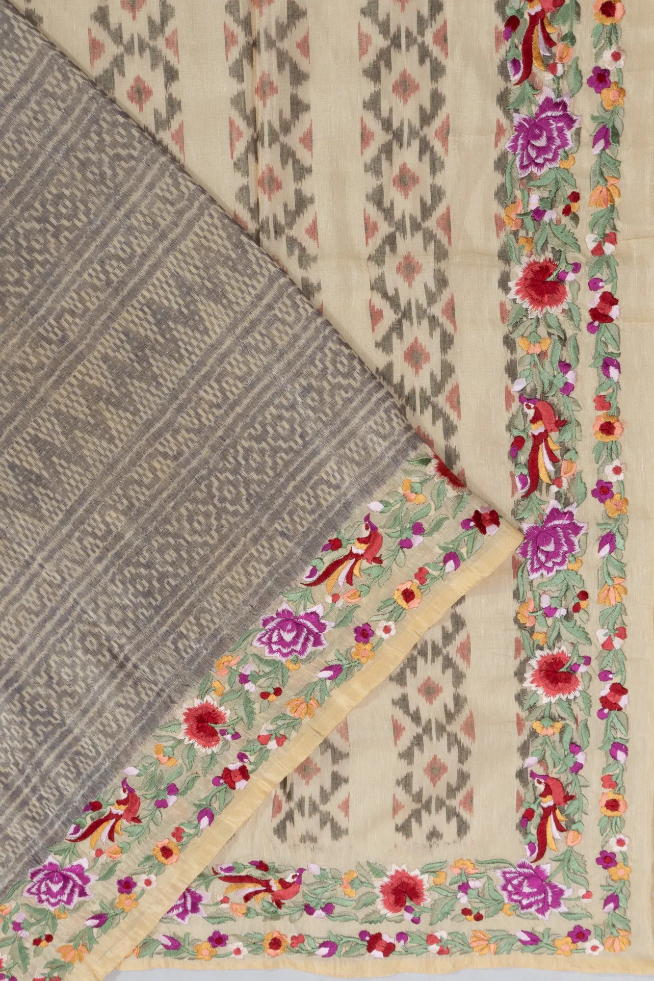 Pochampally Silk Ikat Grey Saree With Embroidery Border