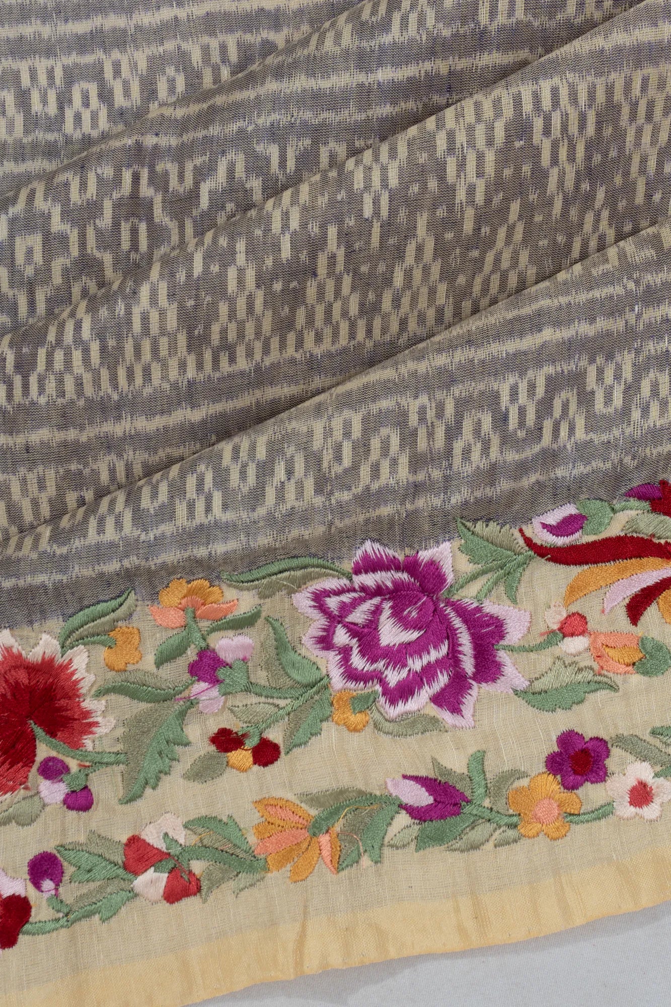 Pochampally Silk Ikat Grey Saree With Embroidery Border