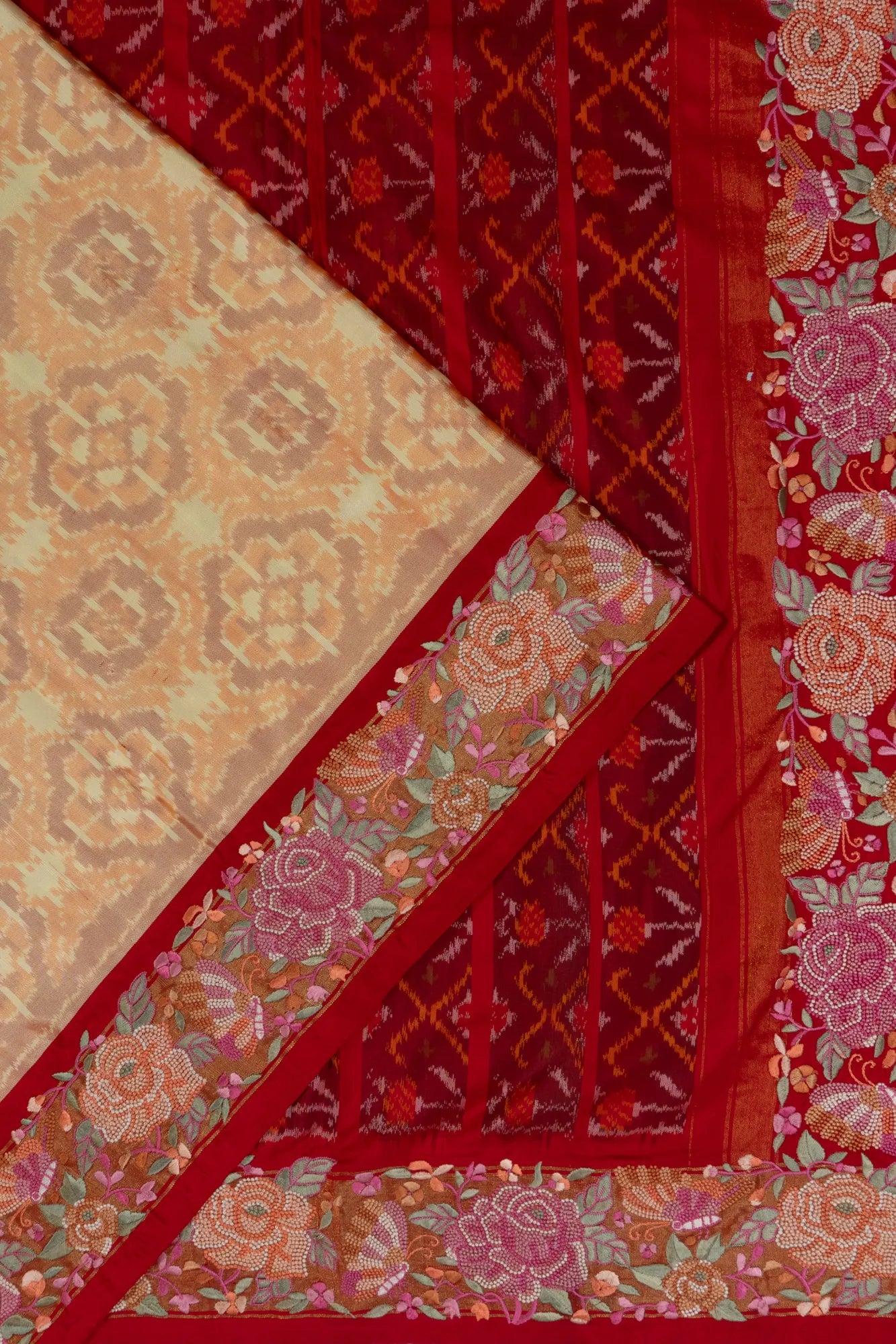 Pochampally Silk Ikat Pastel Orange Saree With Embroidery Border