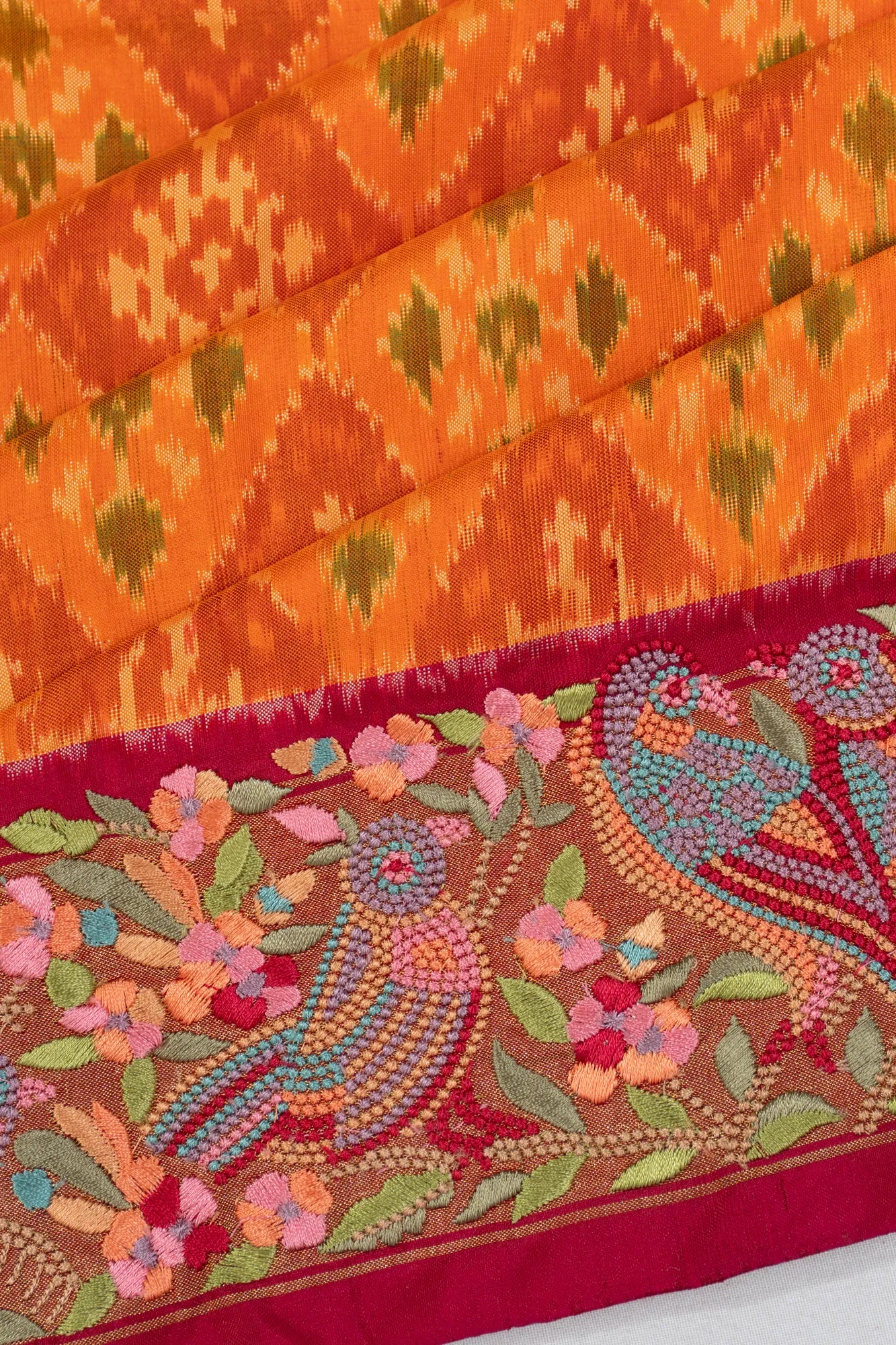 Pochampally Silk Ikat Orange Saree With Embroidery Border