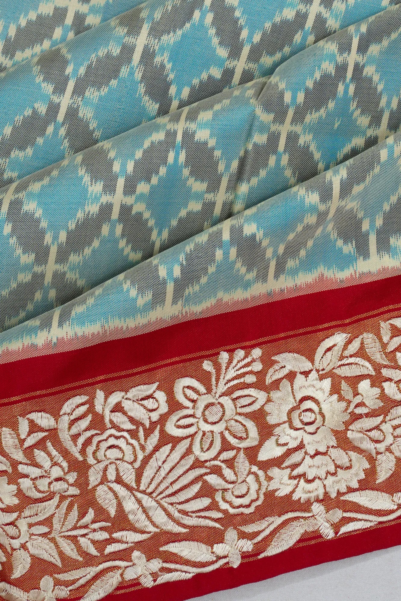 Pochampally Silk Ikat Blue Saree With Embroidery Border