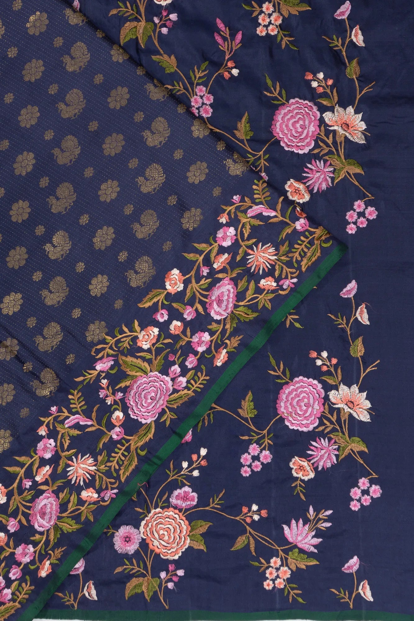 Kanchipuram Silk Brocade Dark Blue Saree With Embroidery Border