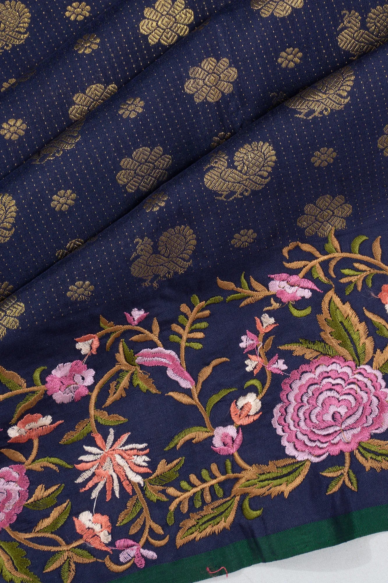 Kanchipuram Silk Brocade Dark Blue Saree With Embroidery Border