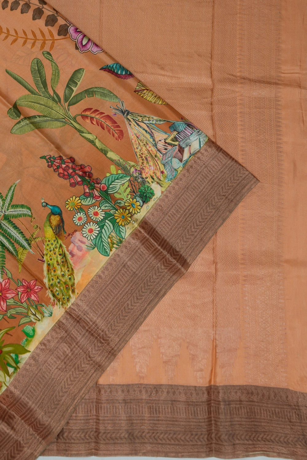 Soft Silk Floral Printed Brown Saree