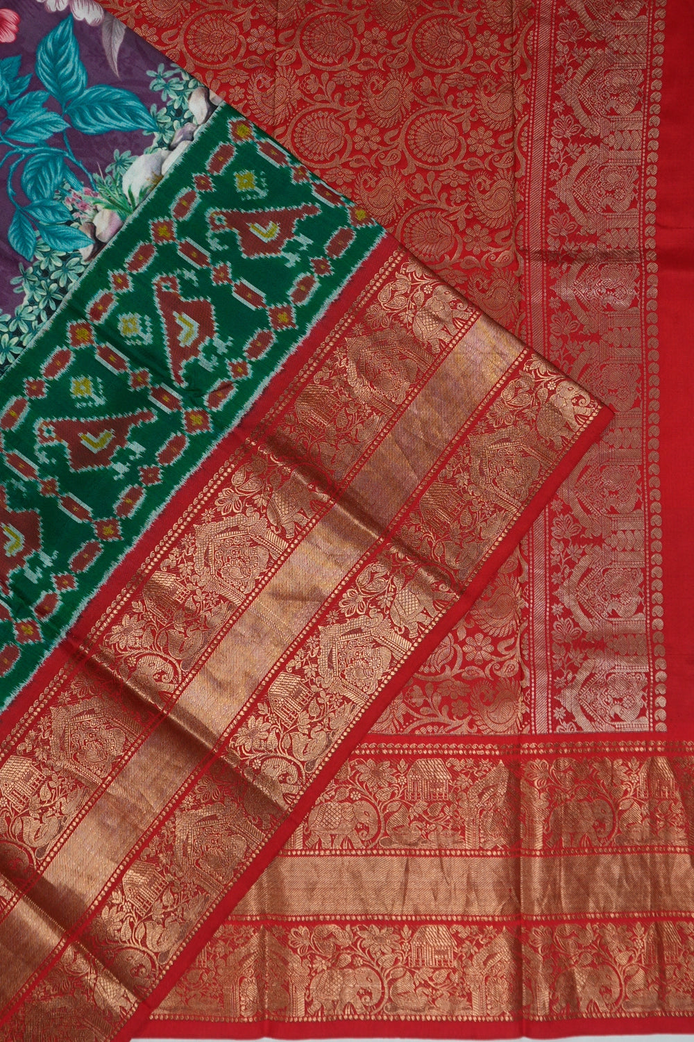 Kanchipuram Silk Floral Printed Purple Saree With Ikat Border And Blouse
