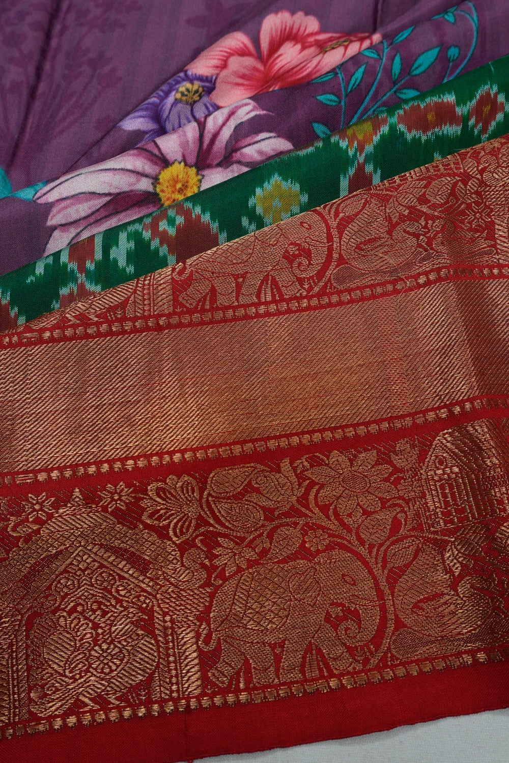Kanchipuram Silk Floral Printed Purple Saree With Ikat Border And Blouse