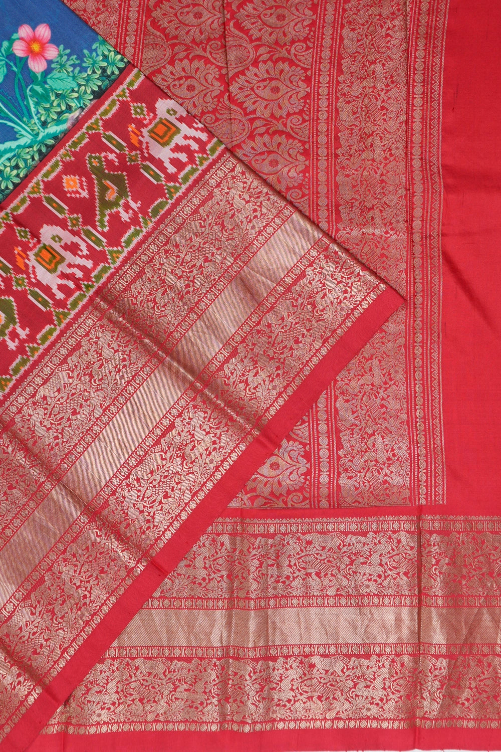 Kanchipuram Silk Floral Printed Blue Saree With Ikat Border