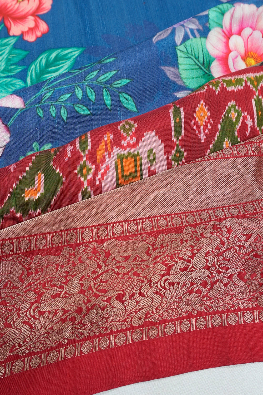Kanchipuram Silk Floral Printed Blue Saree With Ikat Border
